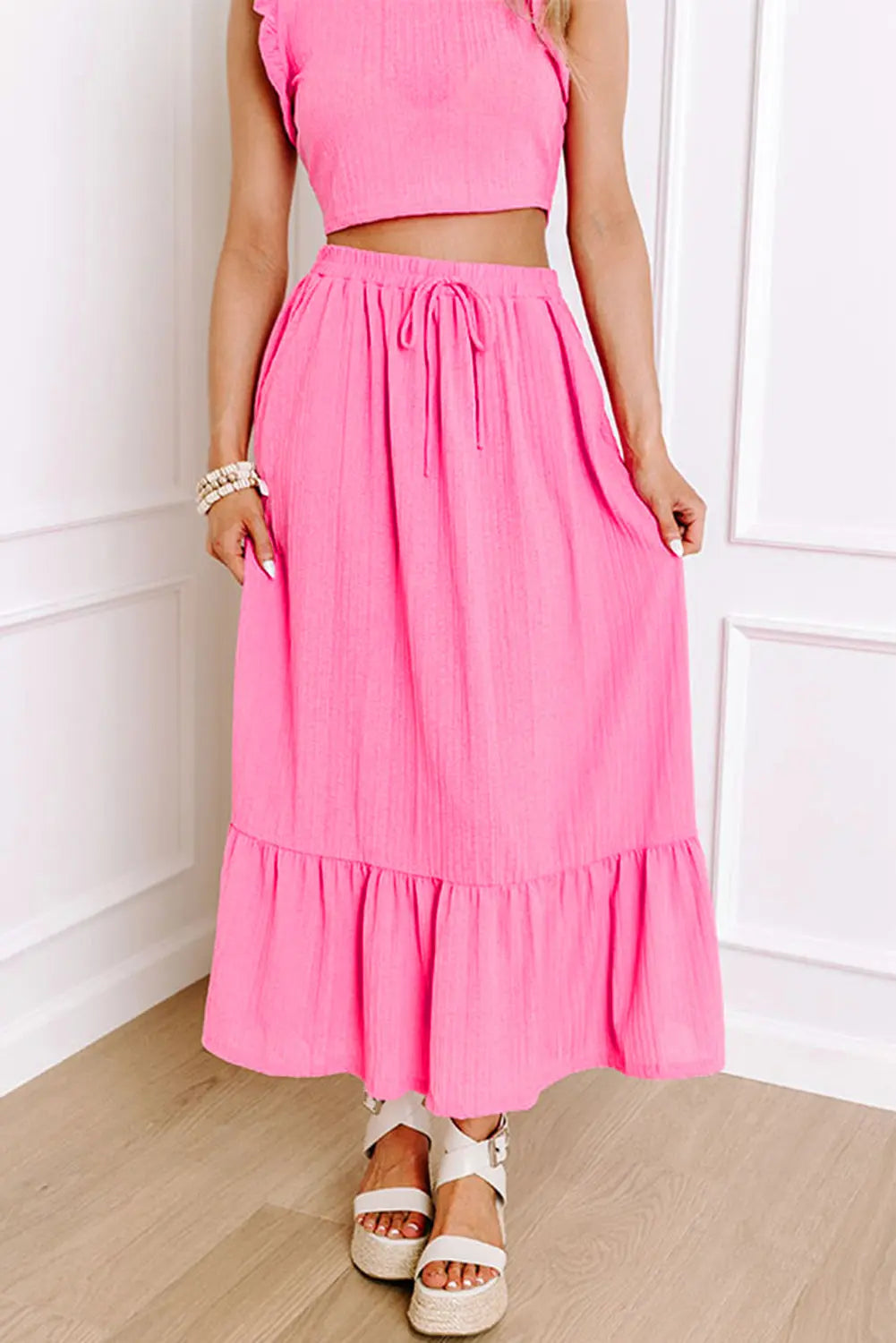 Bonbon Textured Ruffle Trim Crop Vest Lace-up Long Skirt Set Dear-Lover Dropshipping