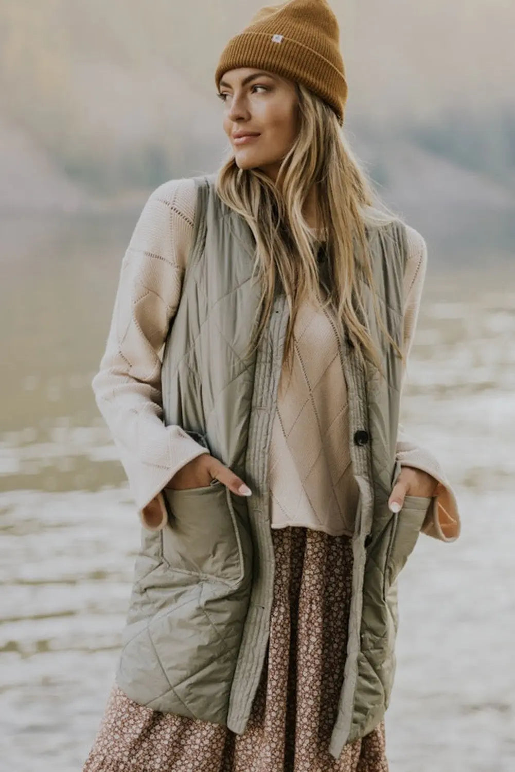 Grass Green Quilted Long Vest Jacket with Pockets Dear-Lover Dropshipping