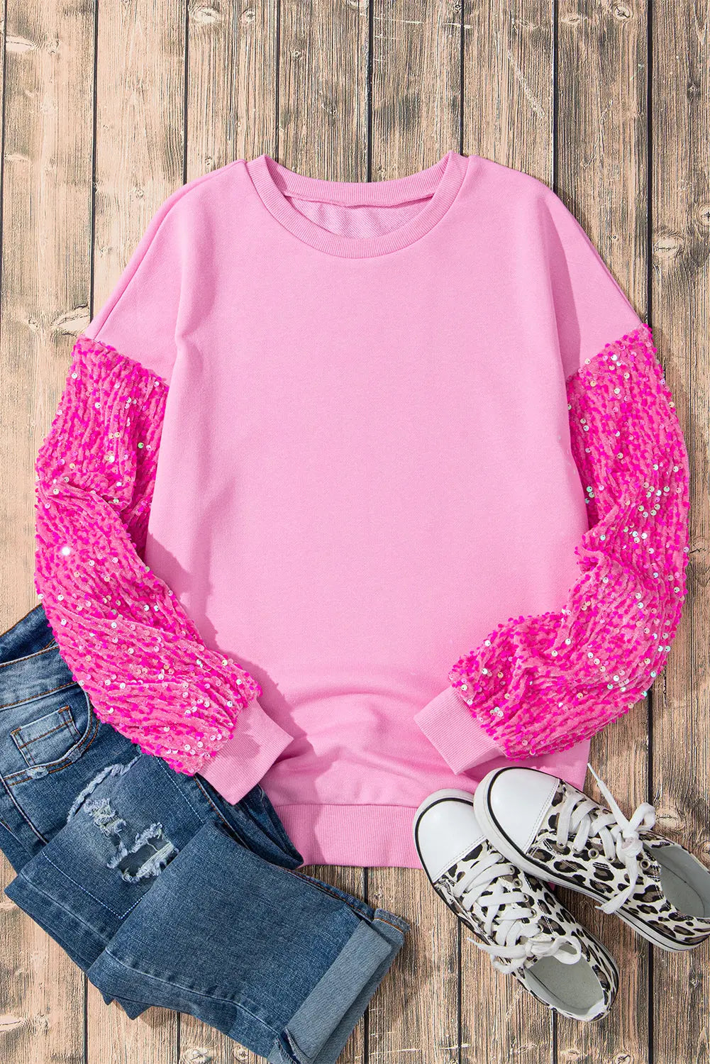 Pink Sequin Patchwork Long Sleeve Pullover Top Dear-Lover Dropshipping