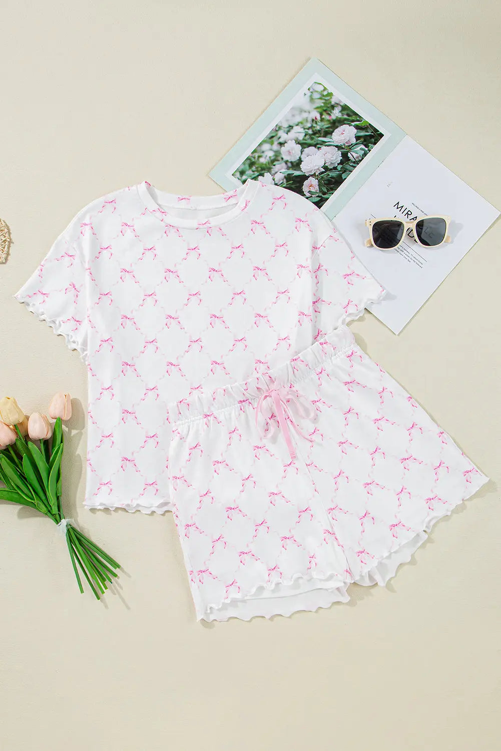 Pink Bow Knot Geometric Print Lettuce Trim Two Piece Lounge Set Dear-Lover Dropshipping