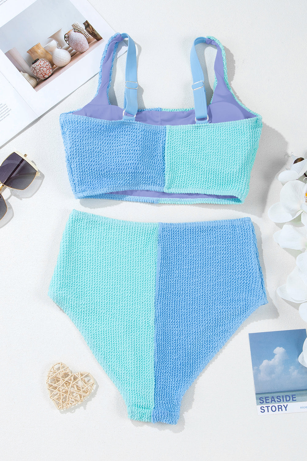 Sky Blue Corded Colorblock Square Neck Bikini Swimsuit