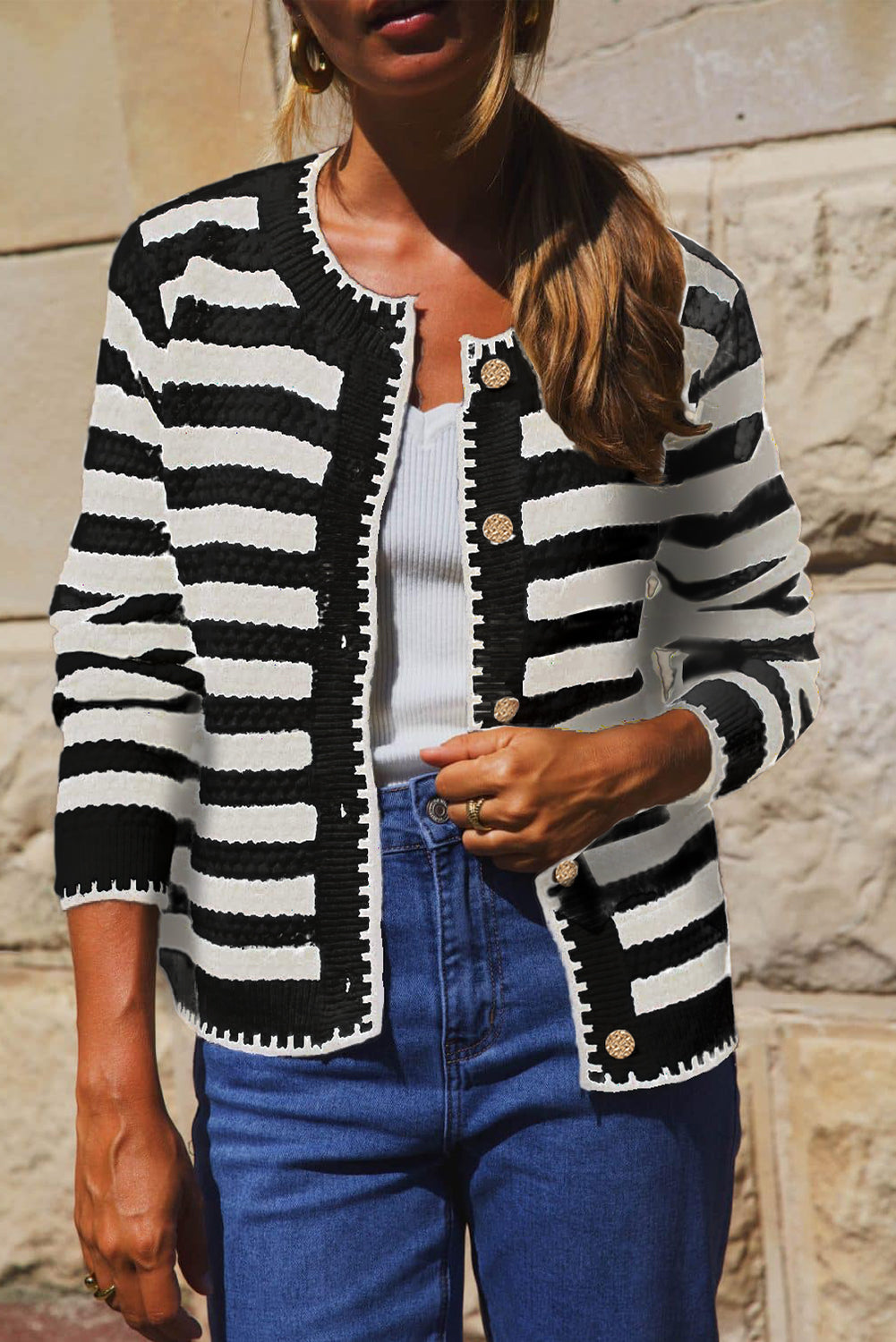White Stripe Chic Golden Button Cardigan Sweater