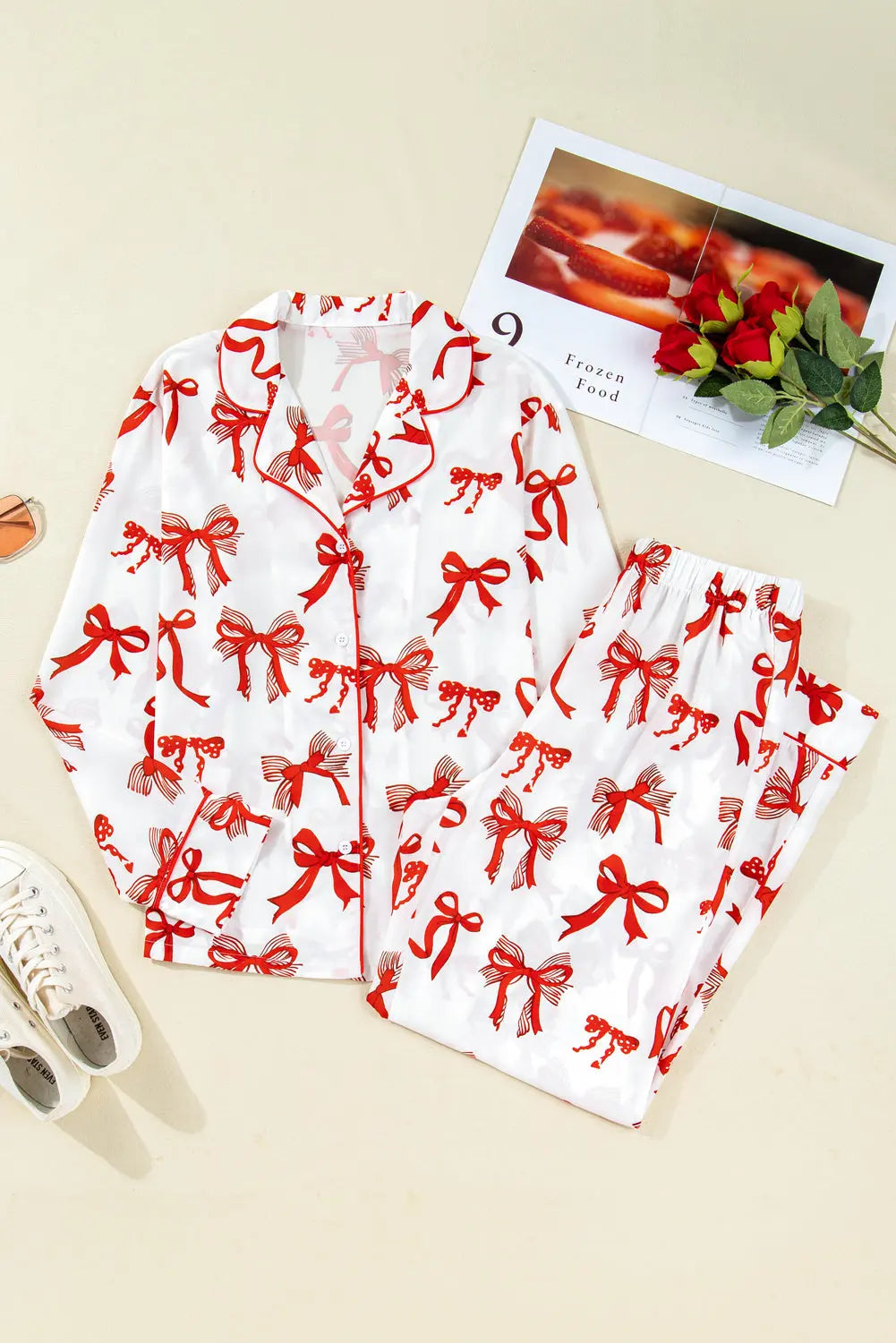 Red Christmas Bow Print Long 2pcs Pajama Set Dear-Lover Dropshipping