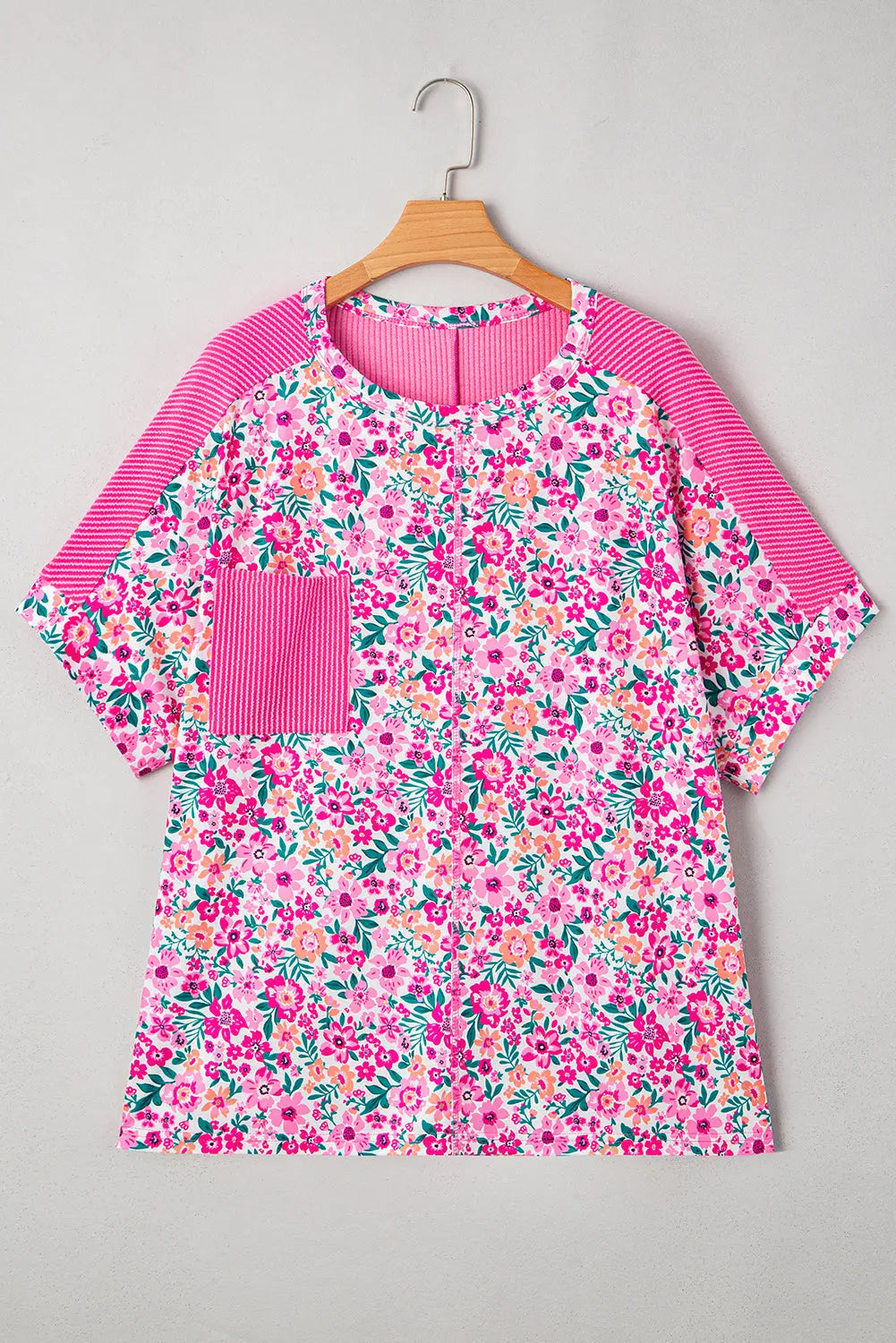Pink Plus Size Floral Print Corded Patchwork Loose Top Dear-Lover Dropshipping