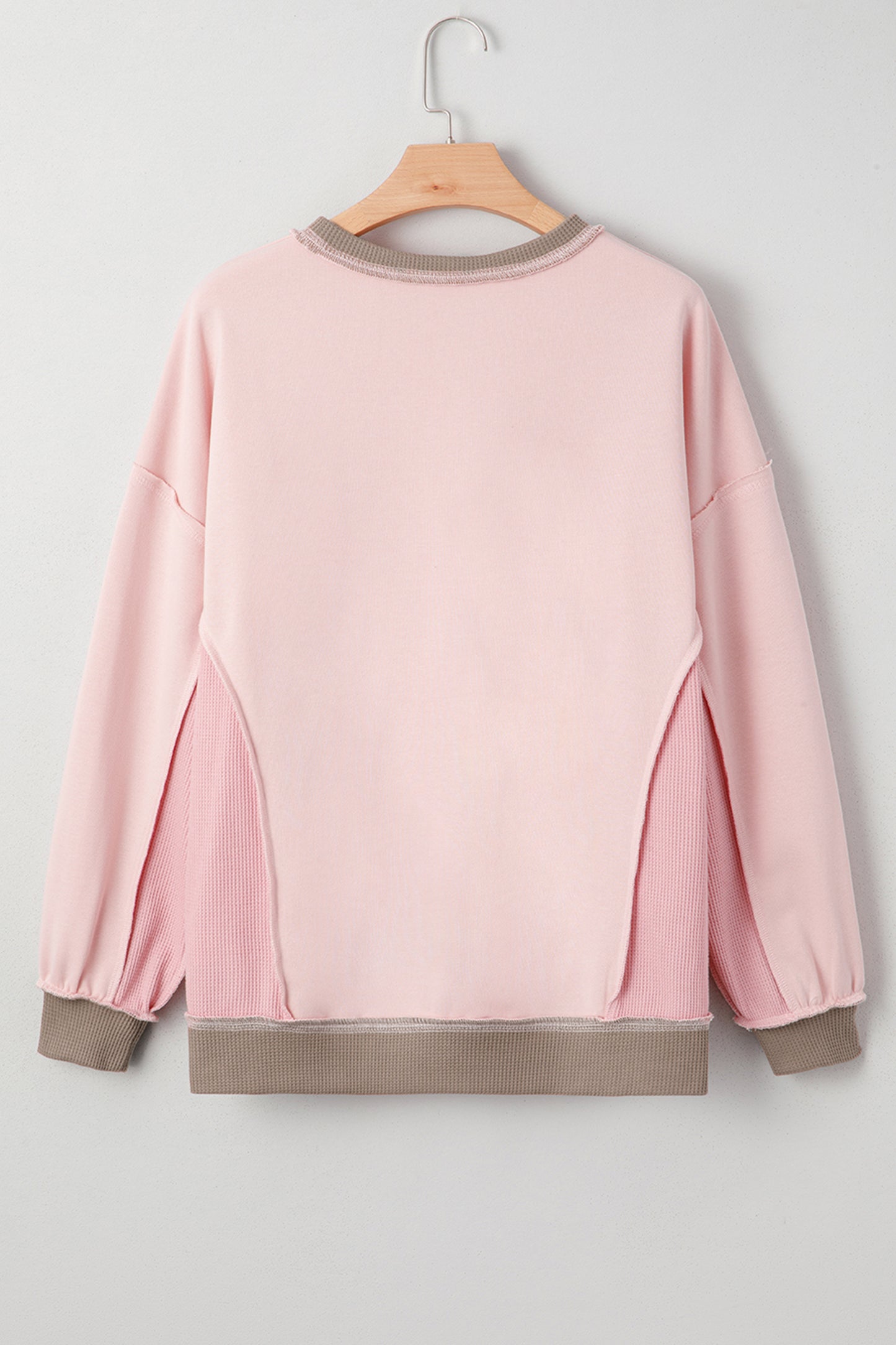 Light Pink Heart Bow Embroidered Exposed Seam Color Block Waffled Patchwork Sweatshirt