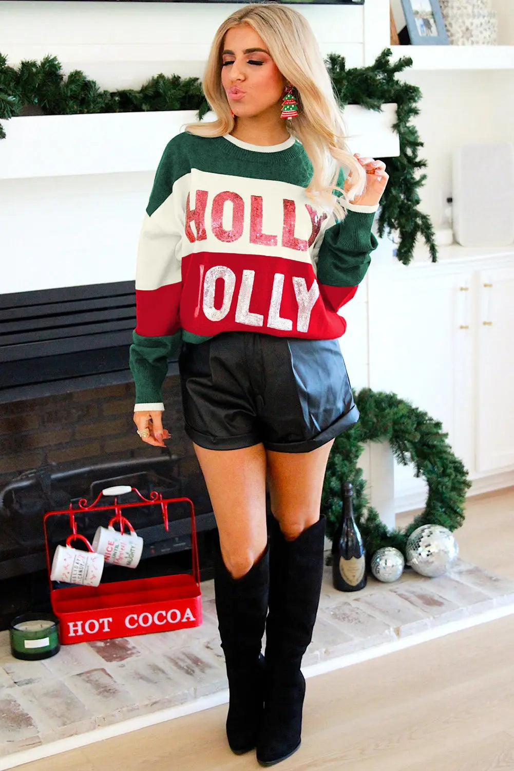 Green Sequined HOLLY JOLLY Color Block Crew Neck Sweater Dear-Lover Dropshipping