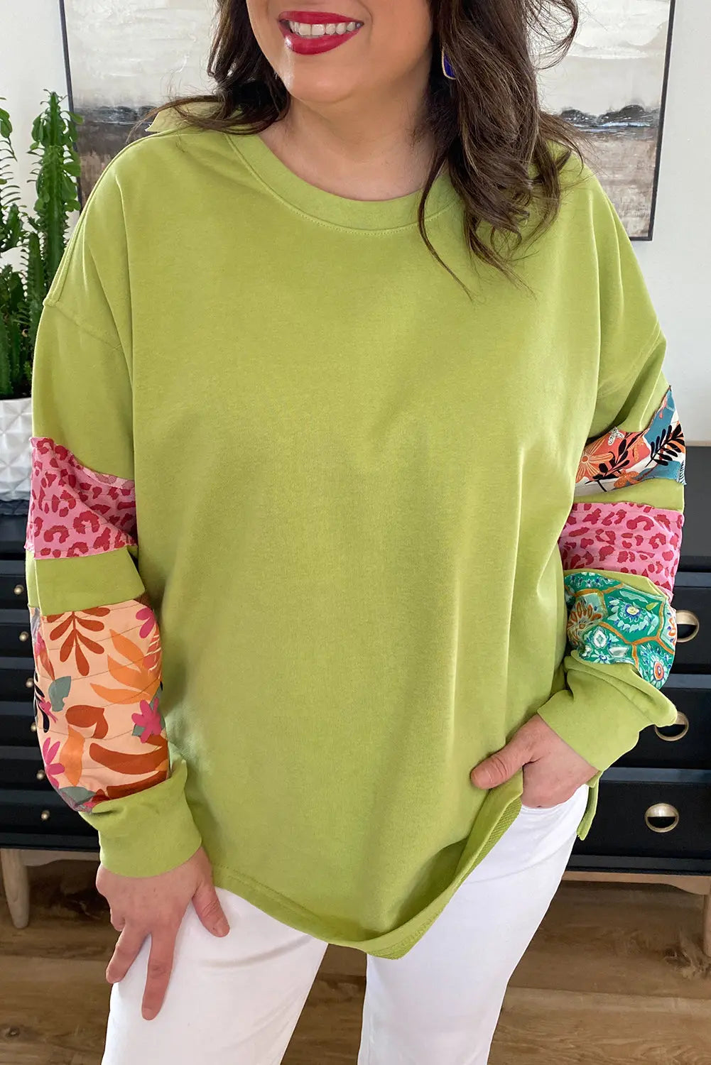 Green Plus Size Printed Patchwork Sleeve Split Sweatshirt Dear-Lover Dropshipping