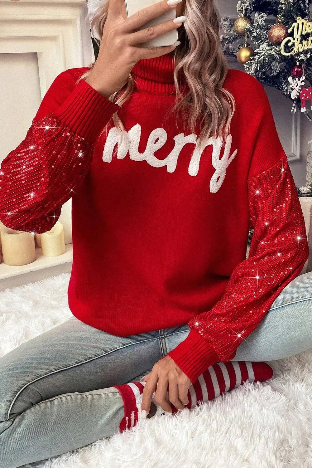 Racing Red Merry Graphic Sequin Sleeves Christmas Turtleneck Sweater Dear-Lover Dropshipping