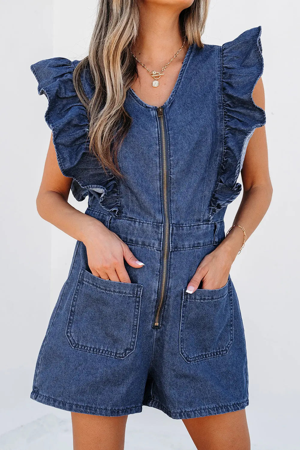 Sail Blue Denim Ruffled Zipped Front Belted Romper Dear-Lover Dropshipping