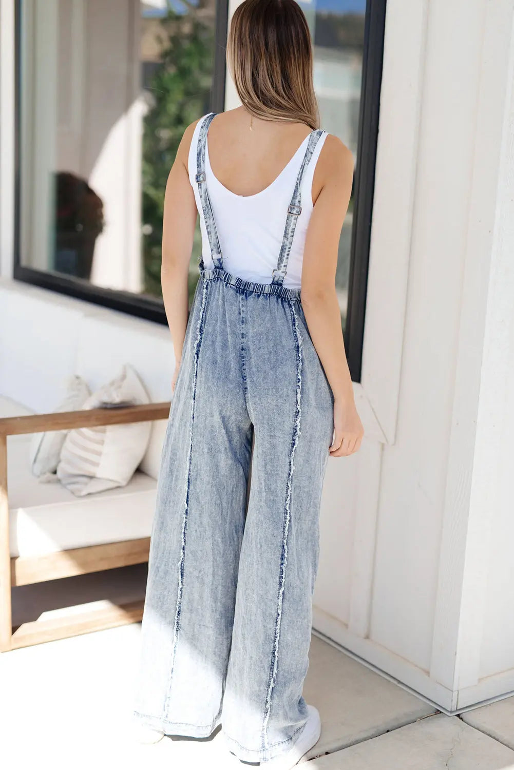 Beau Blue Light Wash Frayed Exposed Seam Wide Leg Denim Overall Dear-Lover Dropshipping
