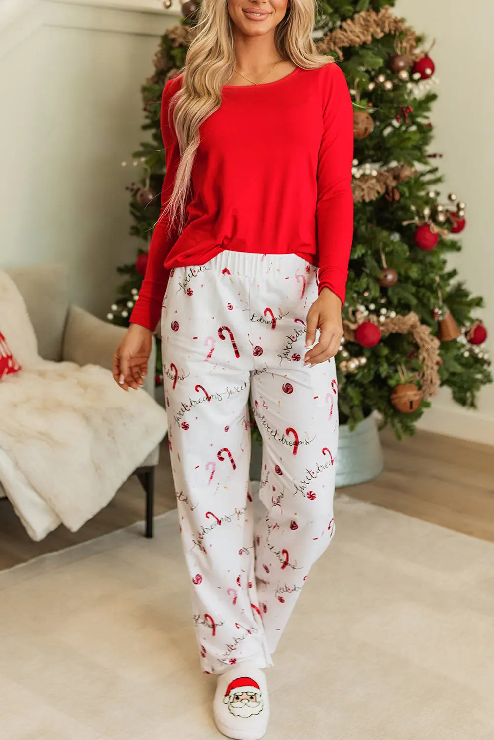Red Solid Top and Christmas Pants Two Piece Lounge Set Dear-Lover Dropshipping