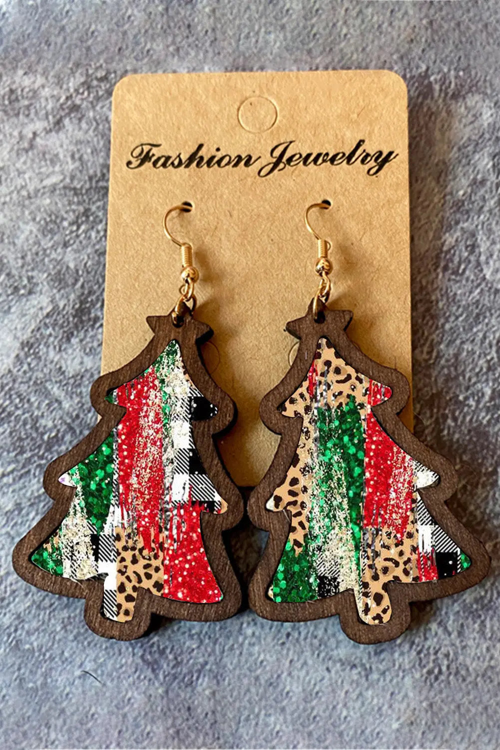 Red Shade Of Leopard Plaid Christmas Tree Earrings Dear-Lover Dropshipping