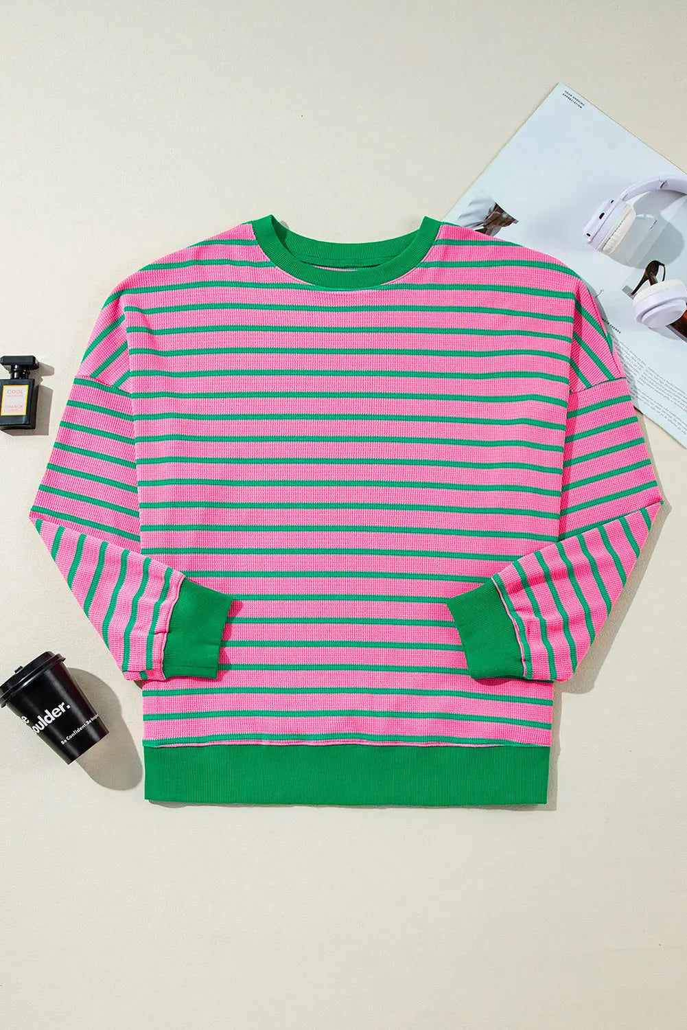 Pink Stripe Waffle Knit Crew Neck Plus Size Sweatshirt Dear-Lover Dropshipping