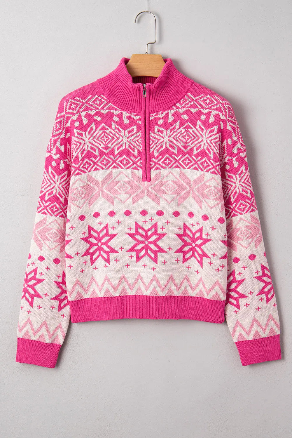 Rose Red Christmas Snowflake Quarter Zip Collard Sweater Dear-Lover Dropshipping