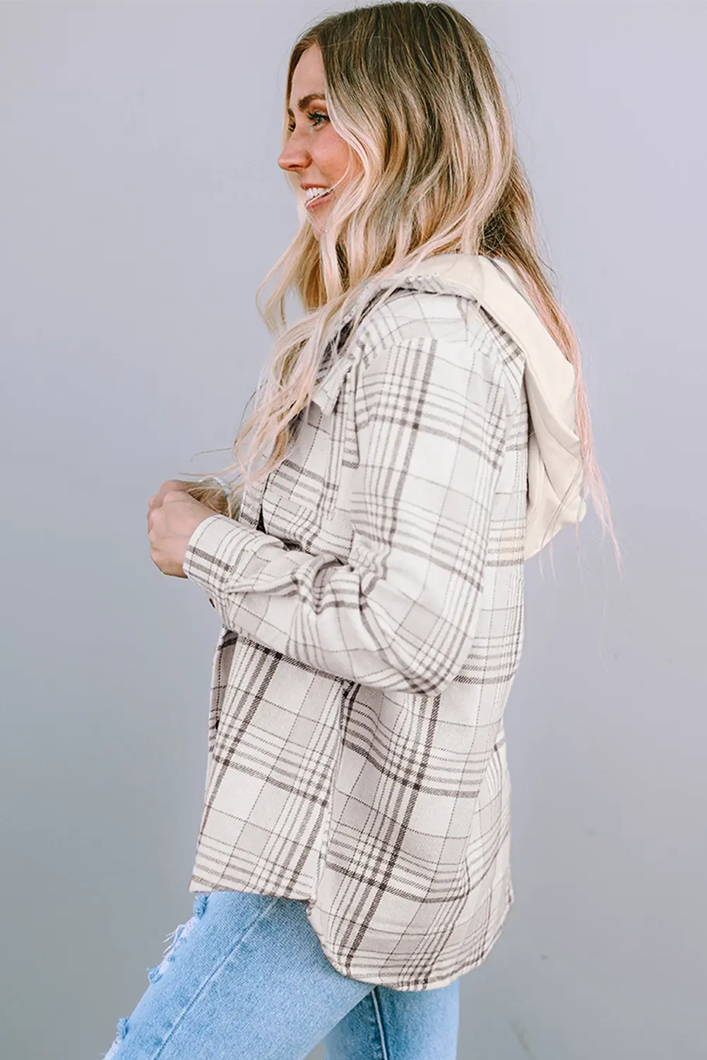 Khaki Plaid Removable Hood Buttoned Shacket Dear-Lover Dropshipping