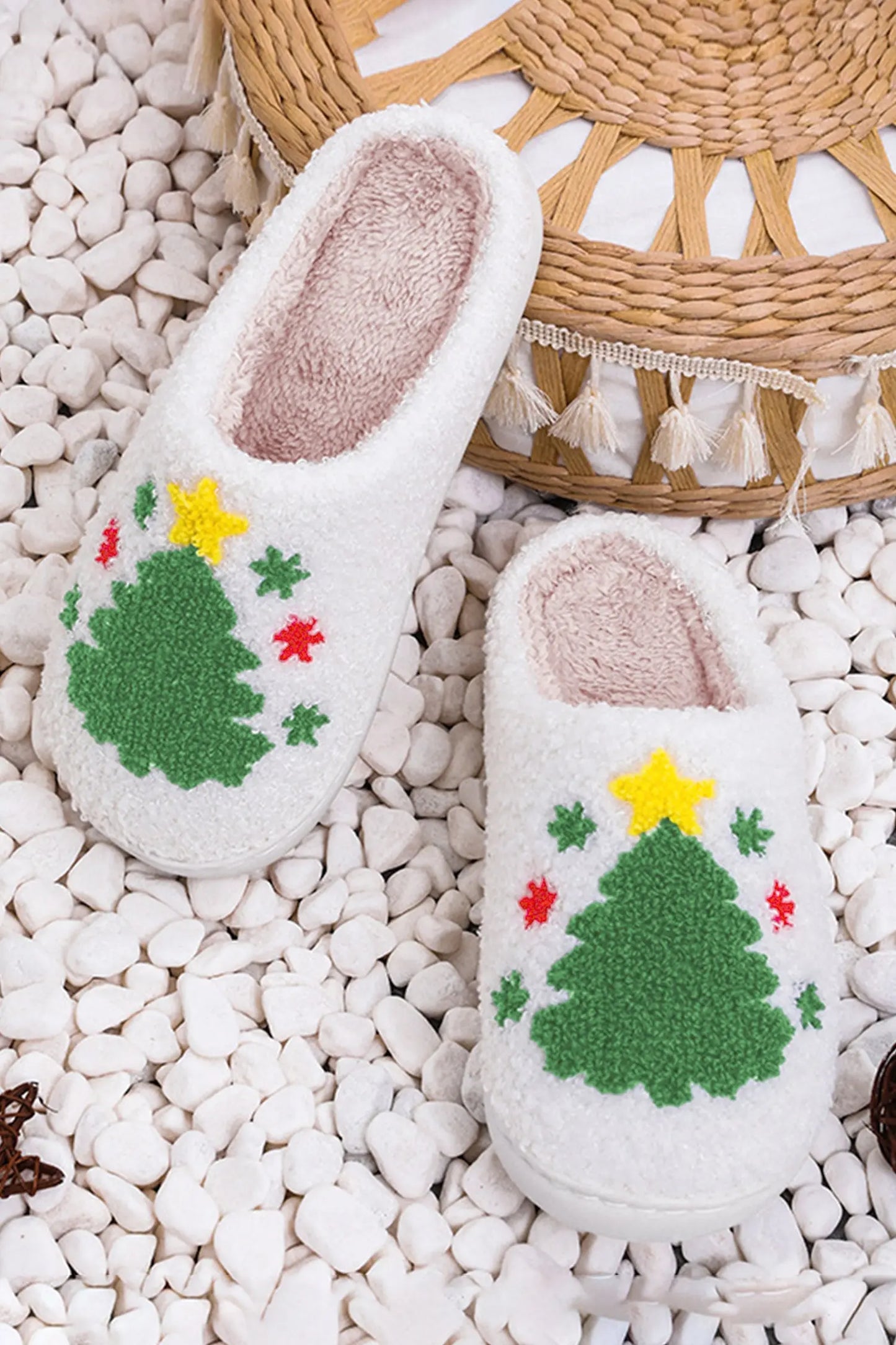 White Fuzzy Christmas Tree Pattern Home Slippers Dear-Lover Dropshipping