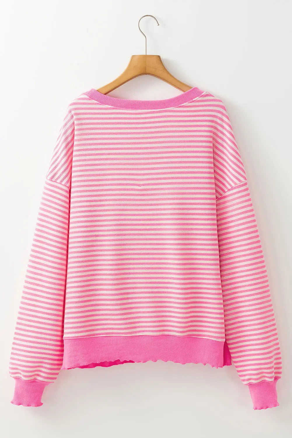 Pink Stripe Santa Clause Print Drop Shoulder Long Sleeve Loose Top Dear-Lover Dropshipping