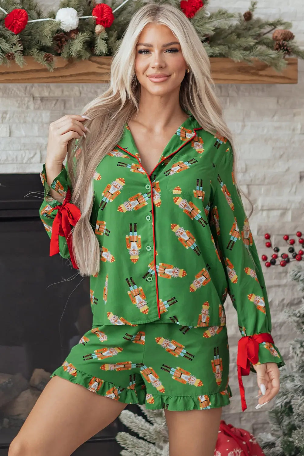 Green Christmas Candy Contrast Trim Bow Knot Silky 2pcs Pajama Set Dear-Lover Dropshipping