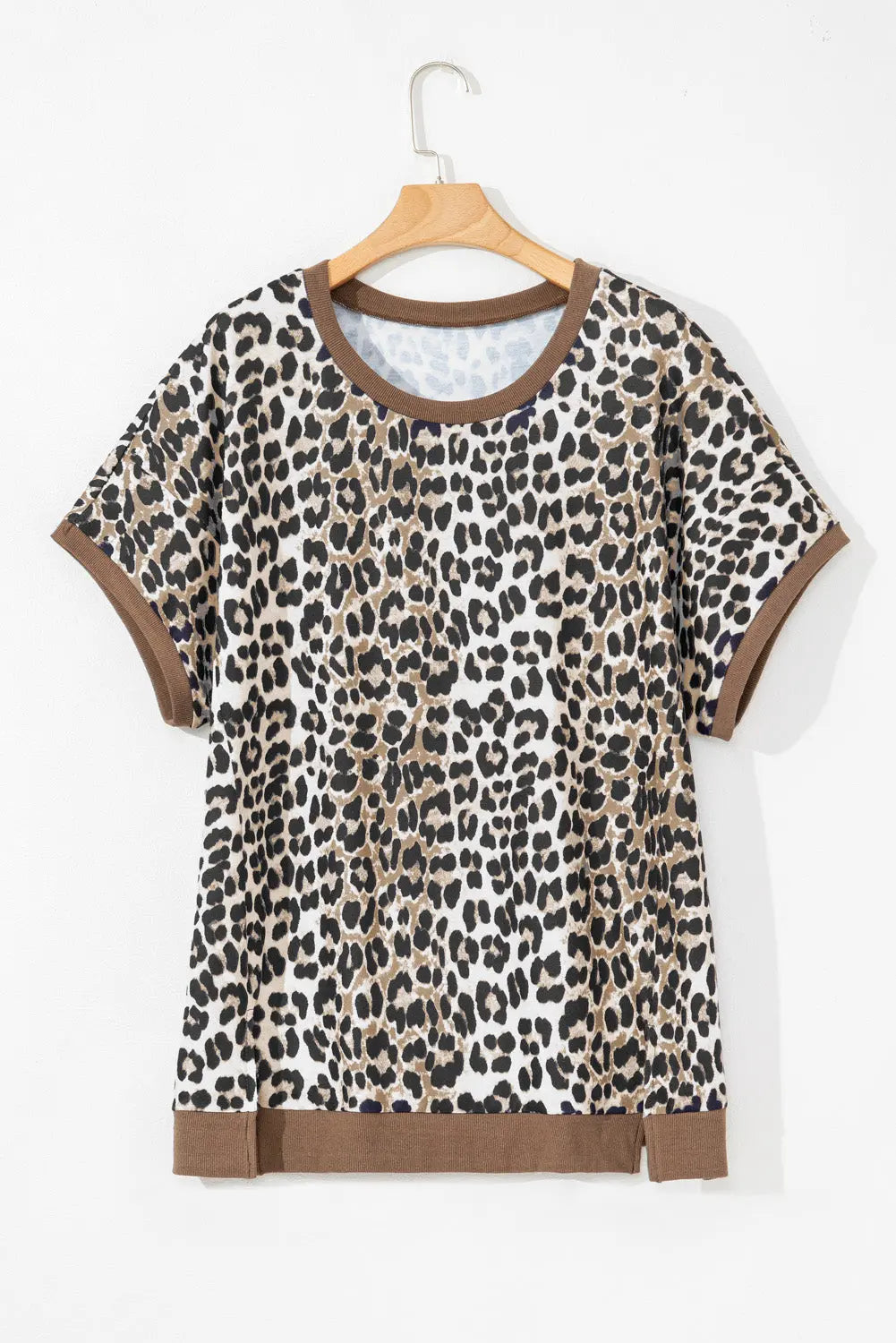 Khaki Leopard Contrast Trim Short Sleeve Loose Plus Size Top Dear-Lover Dropshipping