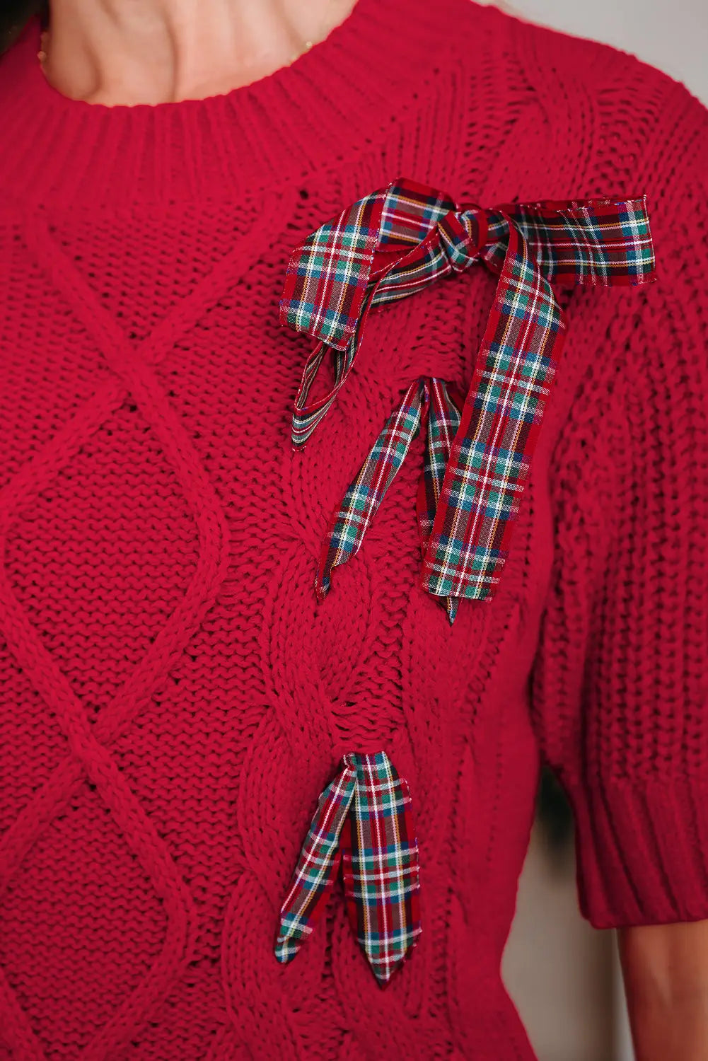 Fiery Red Plaid Lace up Detail Christmas Holiday Puff Short Sleeve Sweater Dear-Lover Dropshipping