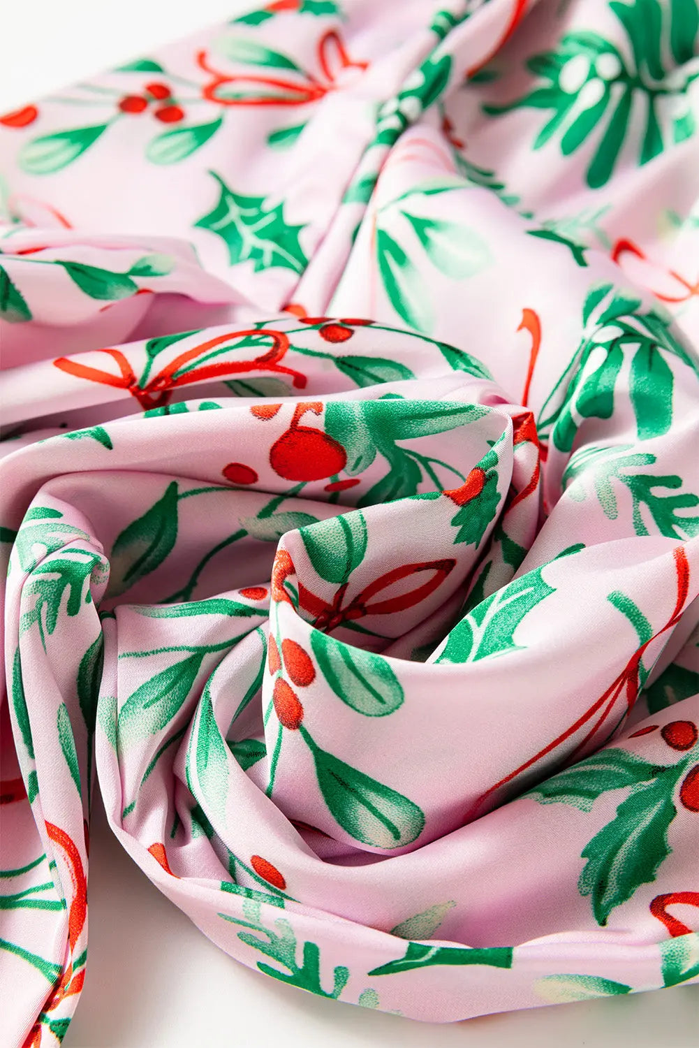 Pink Christmas Berries Plant Print Satin Long Sleeve Pajama Set Dear-Lover Dropshipping
