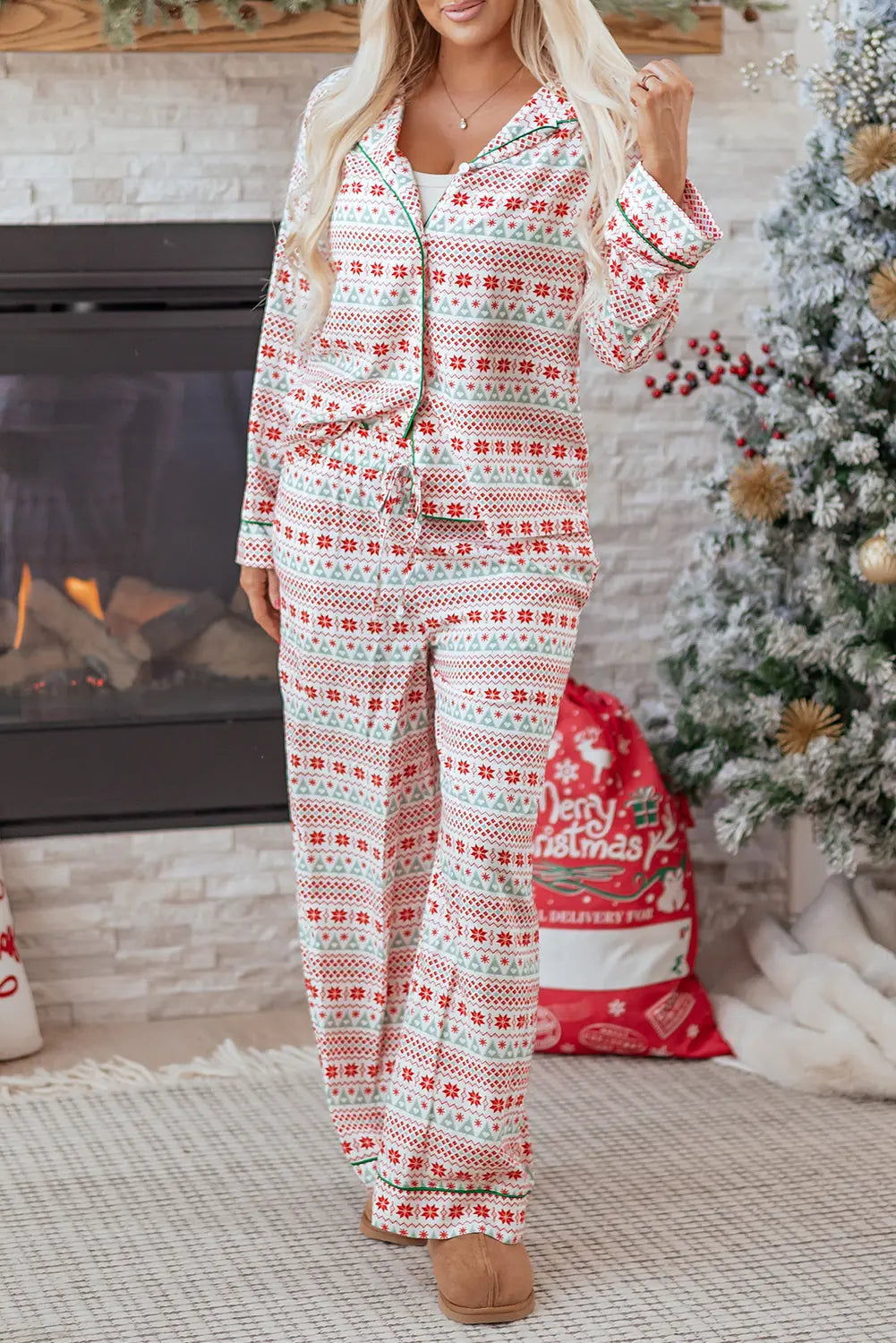 White Christmas Pattern Print Shirt Style Long 2pcs Pajama Set Dear-Lover Dropshipping