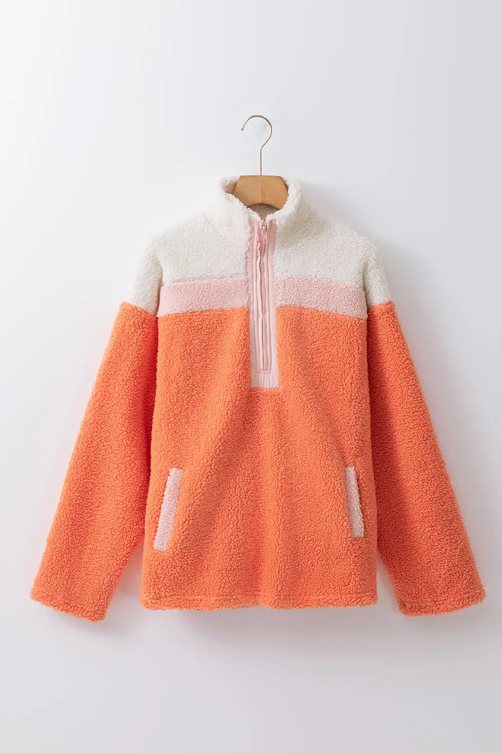 Orange Colorblock Half Zipper Stand Neck Sherpa Sweatshirt Dear-Lover Dropshipping
