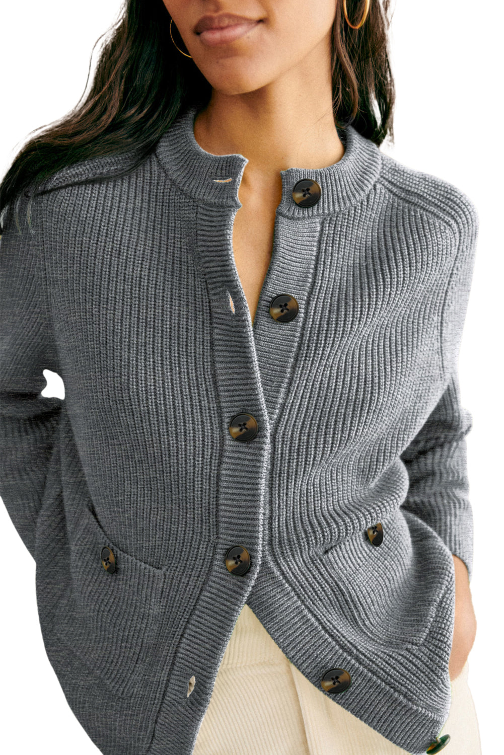 Medium Grey Chunky Buttoned Front Round Neck Cardigan Sweater