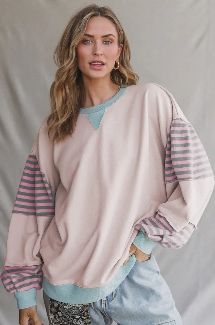 Delicacy Striped Colorblock Patchwork Drop Shoulder Sweatshirt Dear-Lover Dropshipping