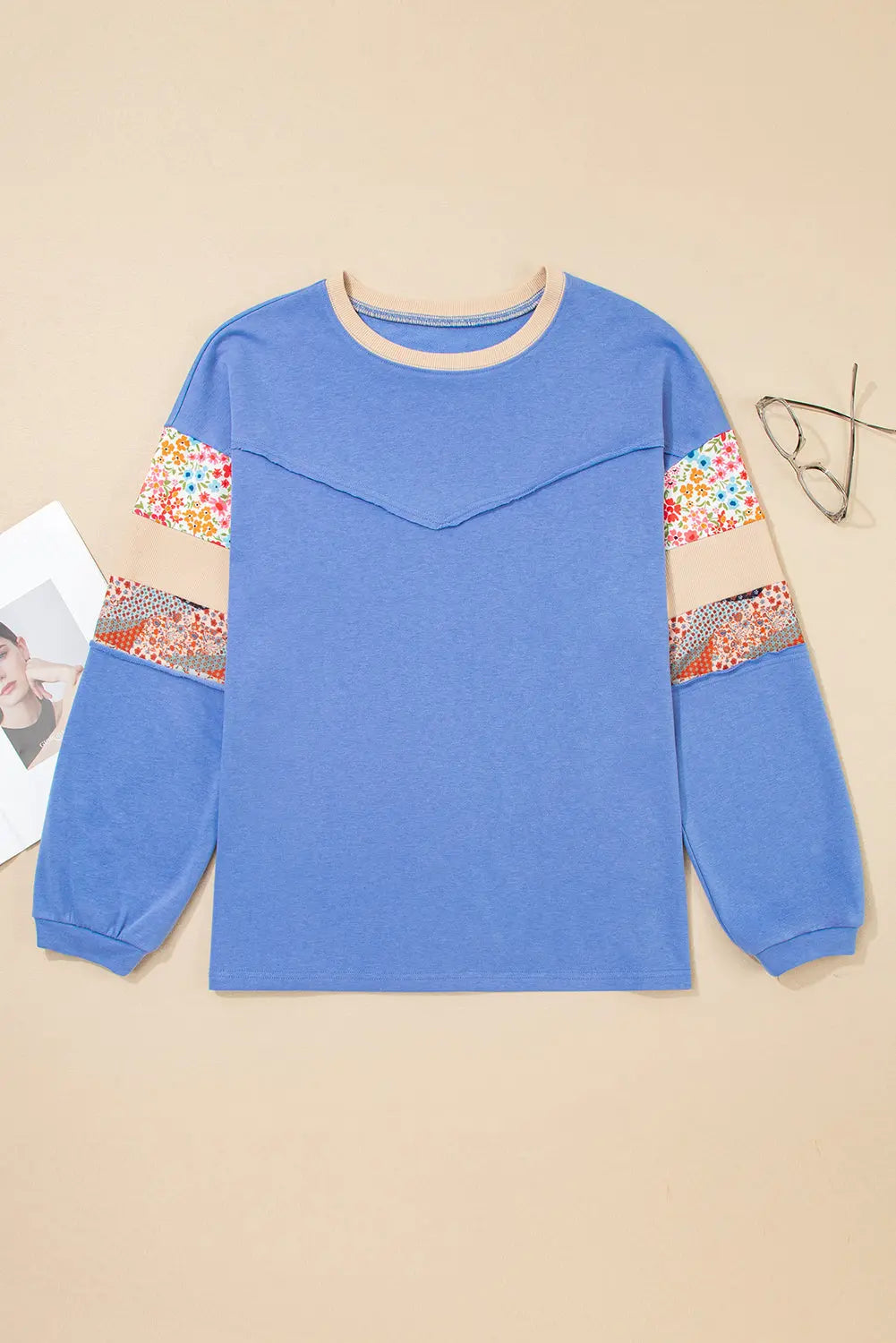 Blue Exposed Seam Floral Mixed Patchwork Relaxed Plus Size Sweatshirt Dear-Lover Dropshipping