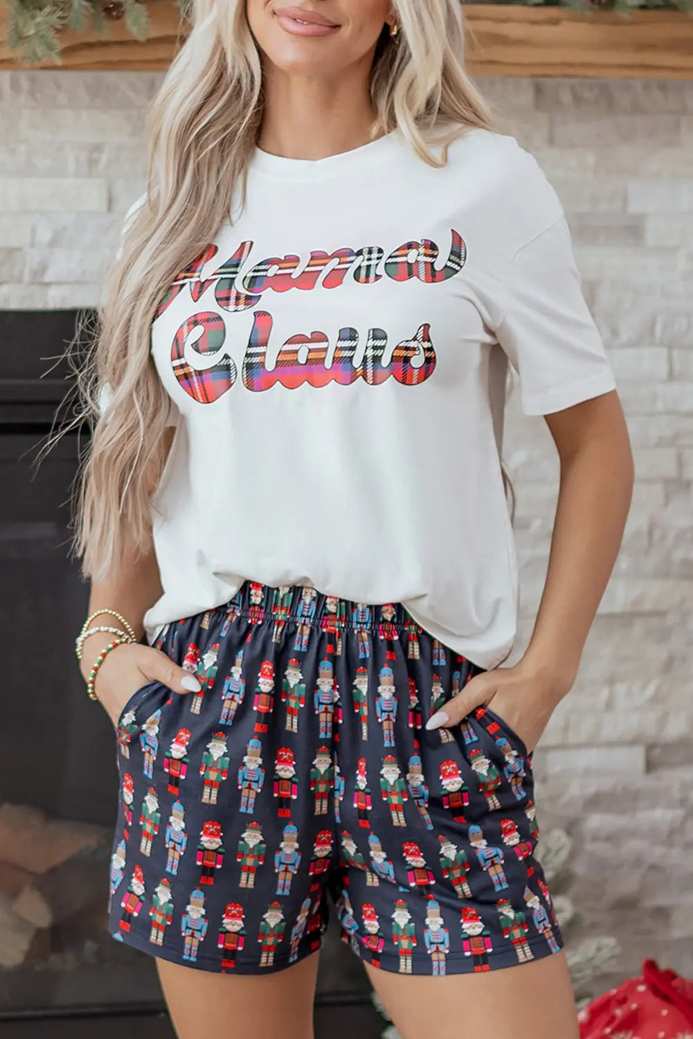 Pink Mama Claus Plaid Letter Tee Nutcracker Shorts 2pcs Lounge Set Dear-Lover Dropshipping