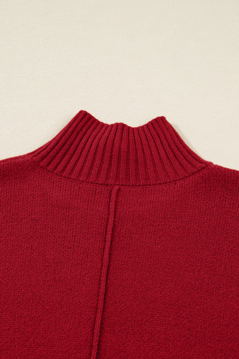 Fiery Red Ribbed High Neck Front Pockets Center Seam Shift Sweater Dress