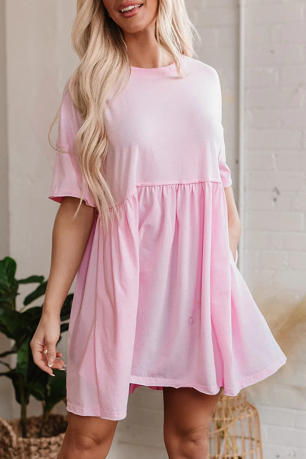 Light Pink Solid Color Pocketed Raw Edge Babydoll Dress Dear-Lover Dropshipping