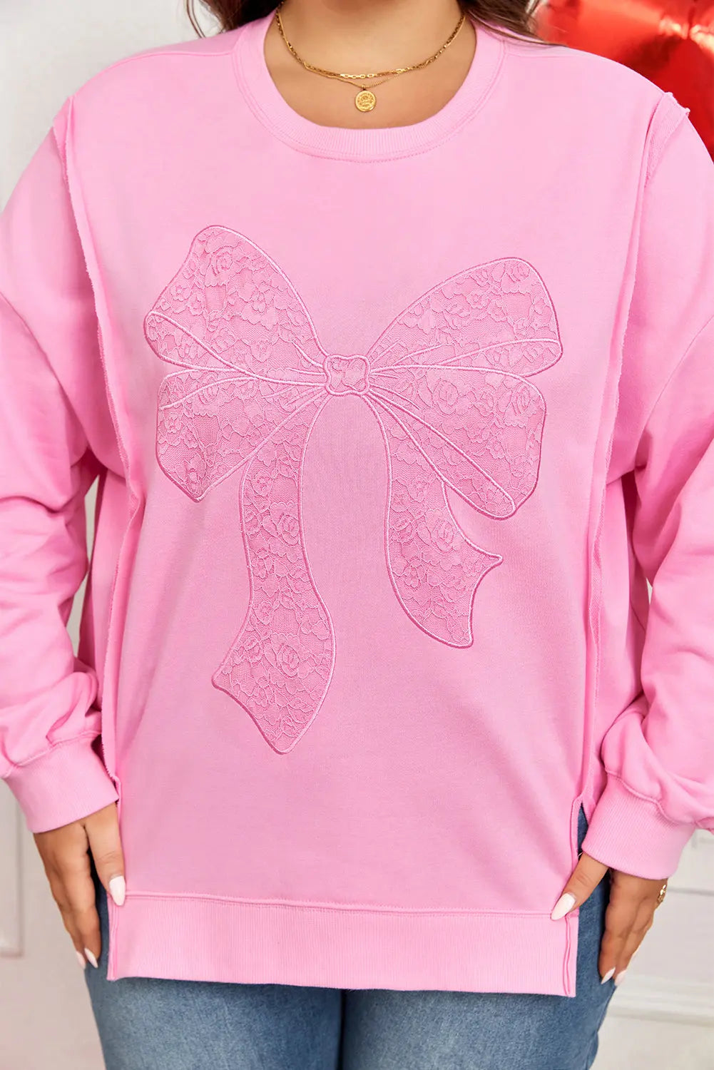 Pink Big Bow Lace Embroidered Dolman Sleeve Slit Plus Size Sweatshirt Dear-Lover Dropshipping