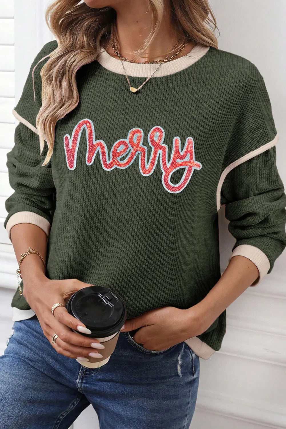 Four Leaf Clover Merry Patched Graphic Contrast Trim Christmas Knitted Long Sleeve Top Dear-Lover Dropshipping