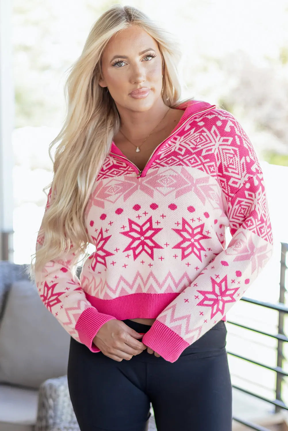 Rose Red Christmas Snowflake Quarter Zip Collard Sweater Dear-Lover Dropshipping