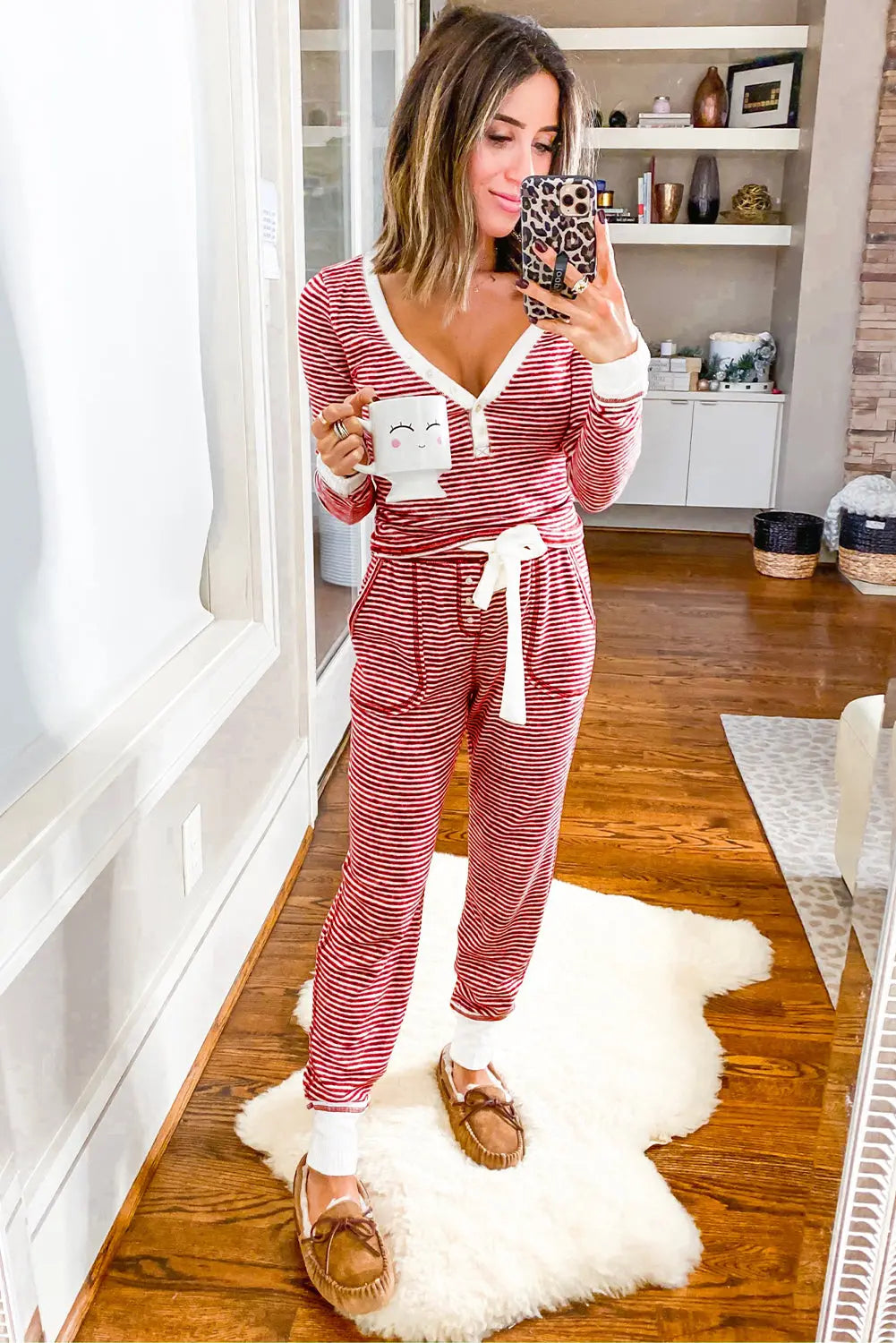Red Stripe Buttoned V Neck Top and Knotted Waist Pants Lounge Set Dear-Lover Dropshipping