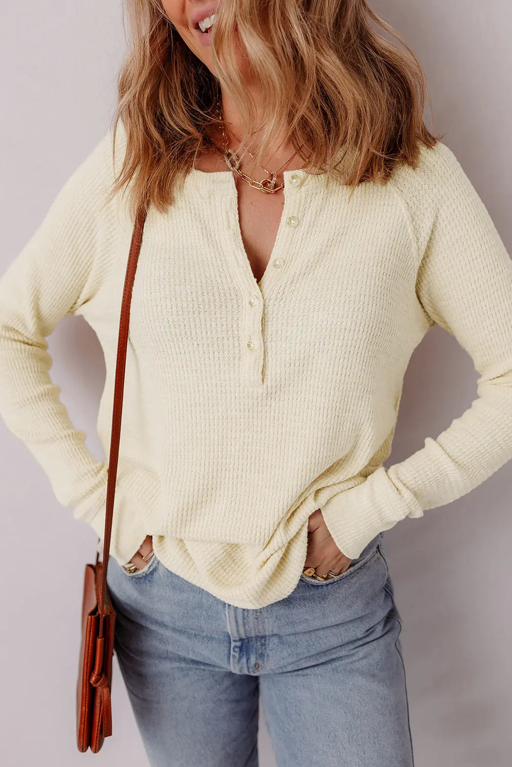 Oatmeal Textured Knit Half Buttons Henley Top Dear-Lover Dropshipping