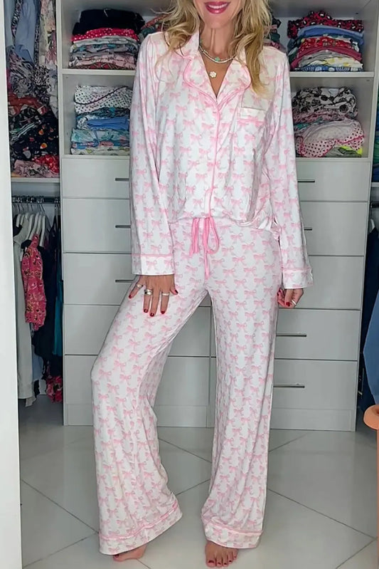 Pink Bow Print Long Sleeve Shirt and Pants Soft Pajama Set Dear-Lover Dropshipping