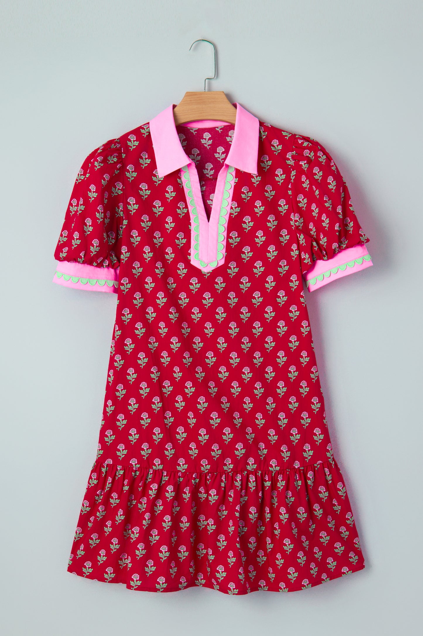 Red Floral Print Contrasted V Neck Short Bubble Sleeve Mini Dress