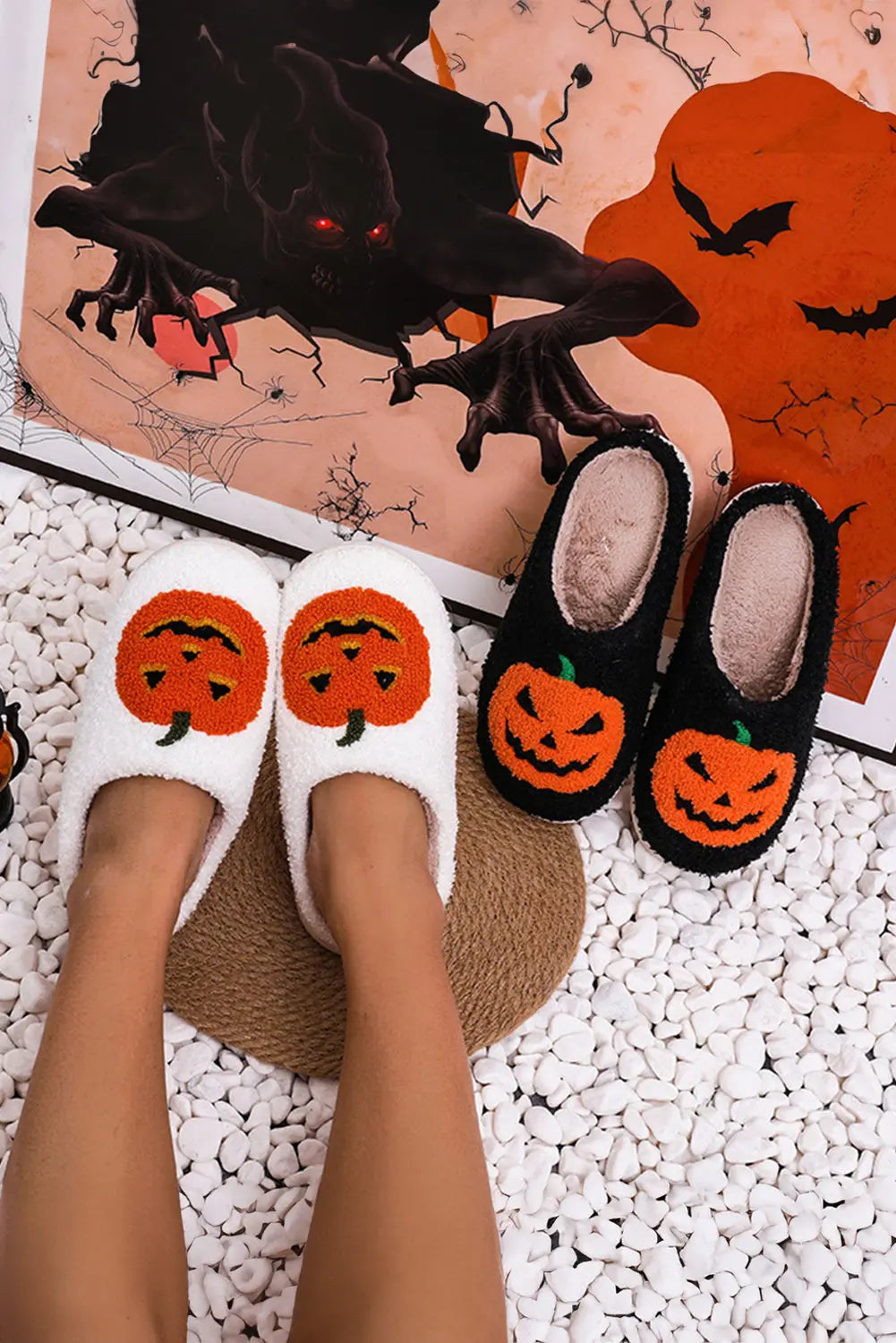 White Halloween Pumpkin Print Plush Slippers (Runs Small, Size Up) Dear-Lover Dropshipping