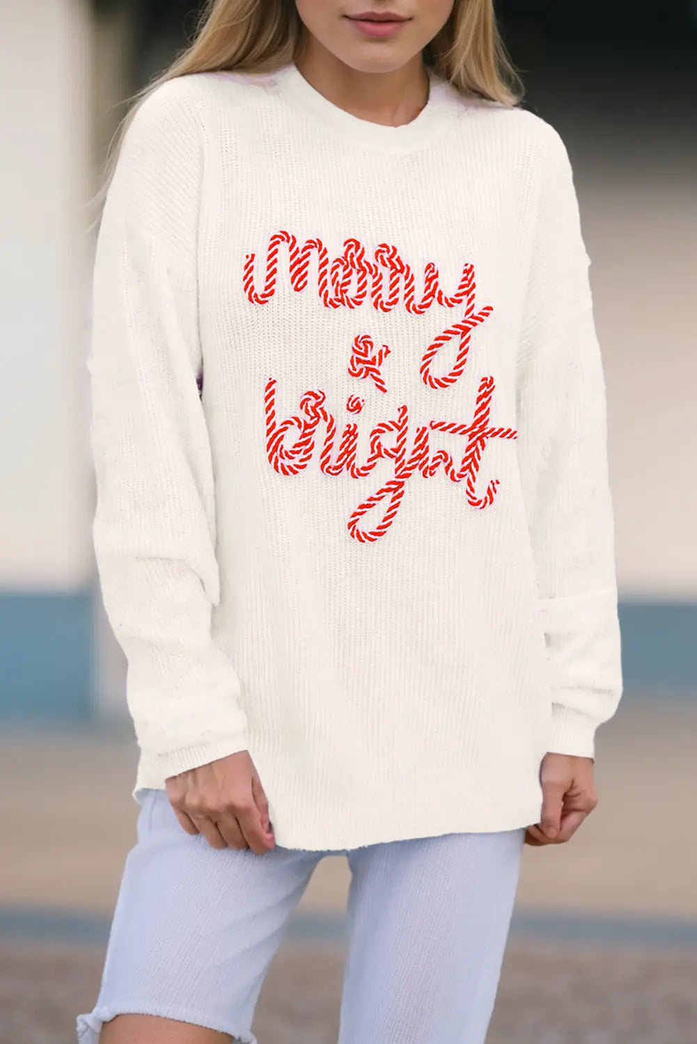 White Striped Merry Bright Letter Christmas Sweater Dear-Lover Dropshipping