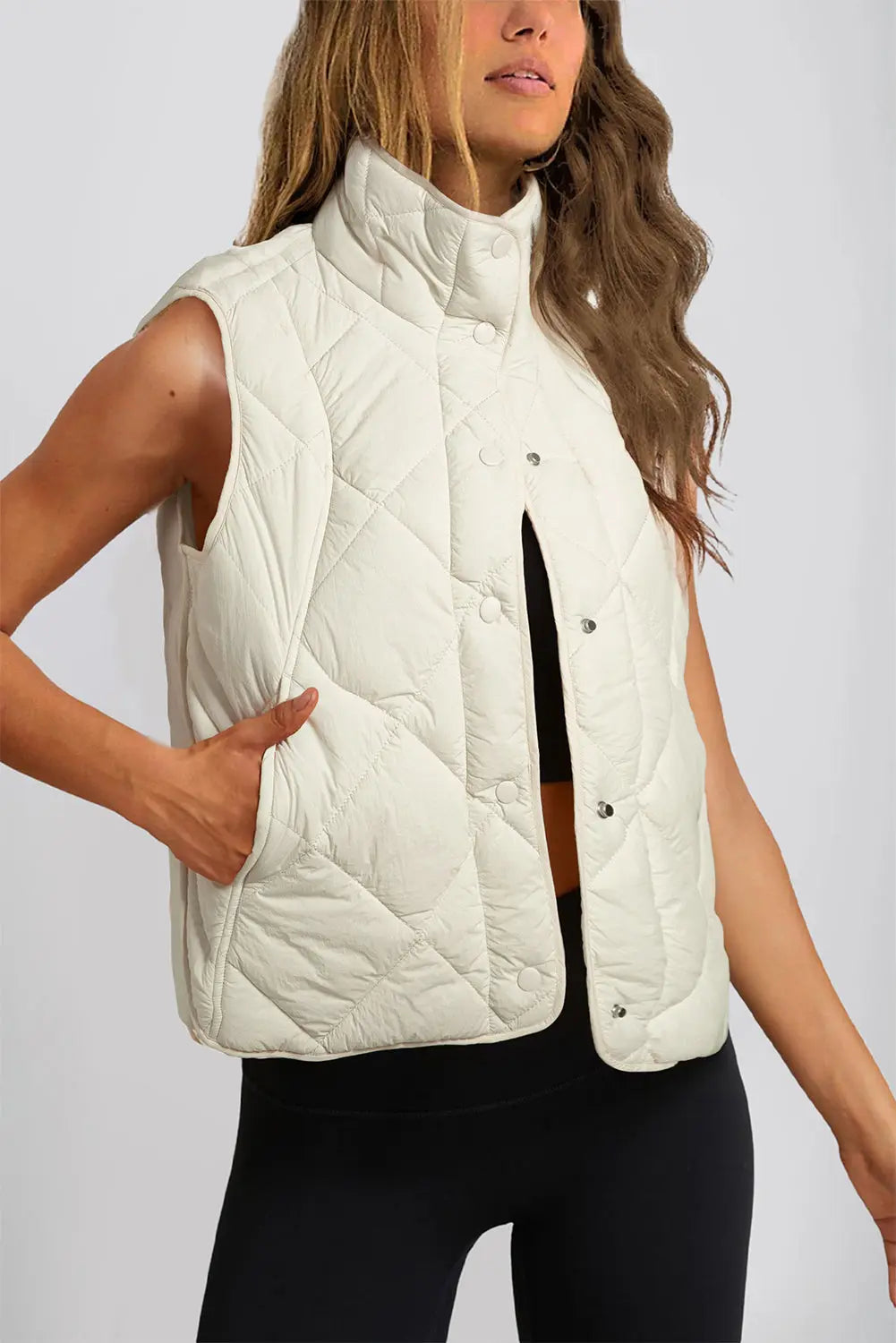 Beige Quilted High Neck Button Up Pocket Vest Coat Dear-Lover Dropshipping
