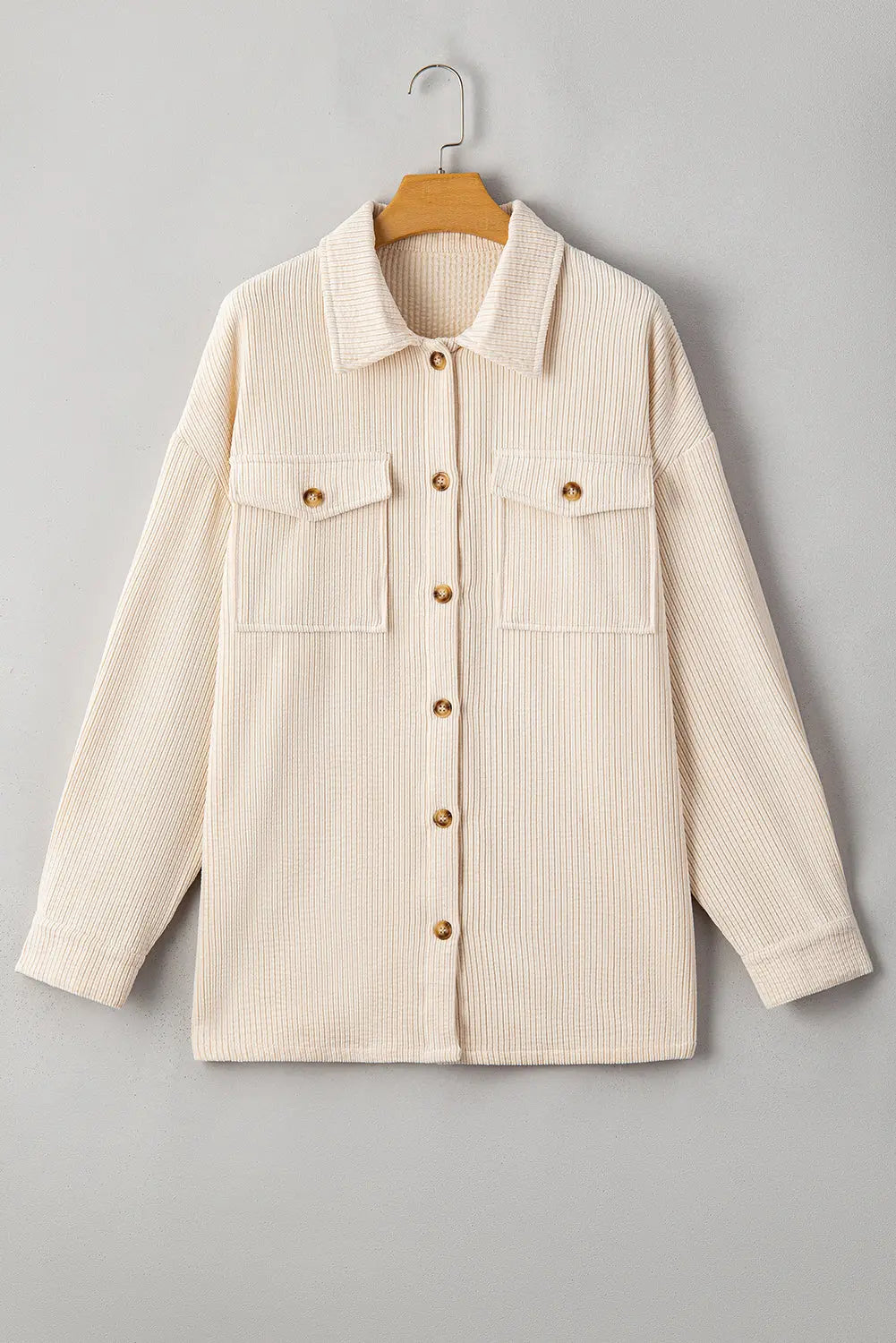 Oatmeal Textured Flap Pockets Buttoned Plus Size Shacket Dear-Lover Dropshipping