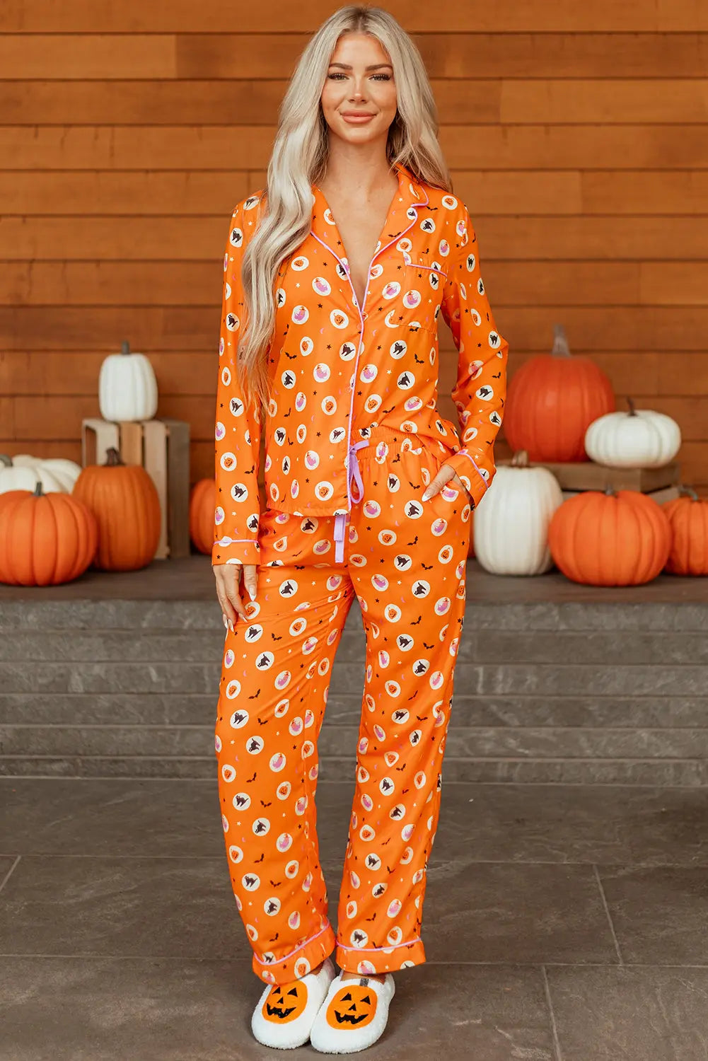 Orange Halloween Print Lapel Shirt Long 2pcs Pajama Set Dear-Lover Dropshipping