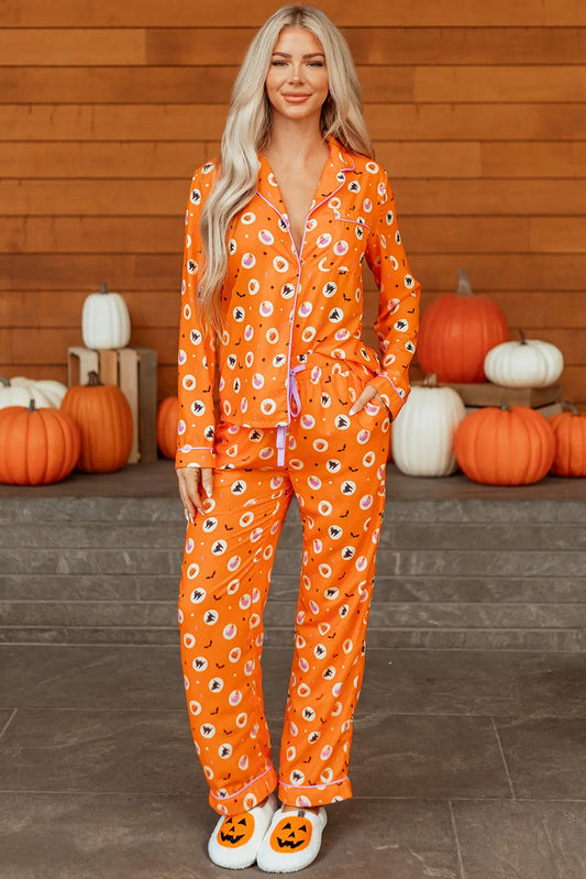 Orange Halloween Print Lapel Shirt Long 2pcs Pajama Set Dear-Lover Dropshipping