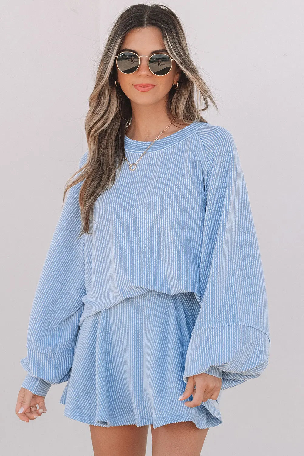 Sky Blue Corded Lantern Sleeve Top High Waist Ruffled Mini Skirt Set Dear-Lover Dropshipping