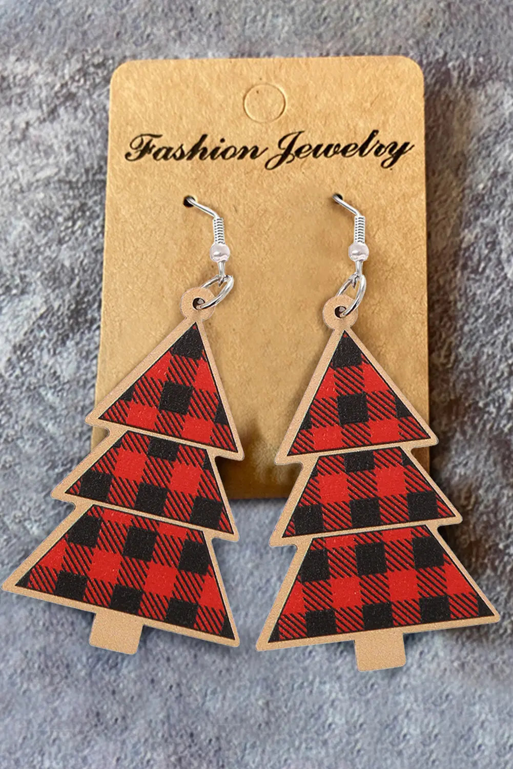 Red Plaid Christmas Tree Wooden Pendant Earrings Dear-Lover Dropshipping