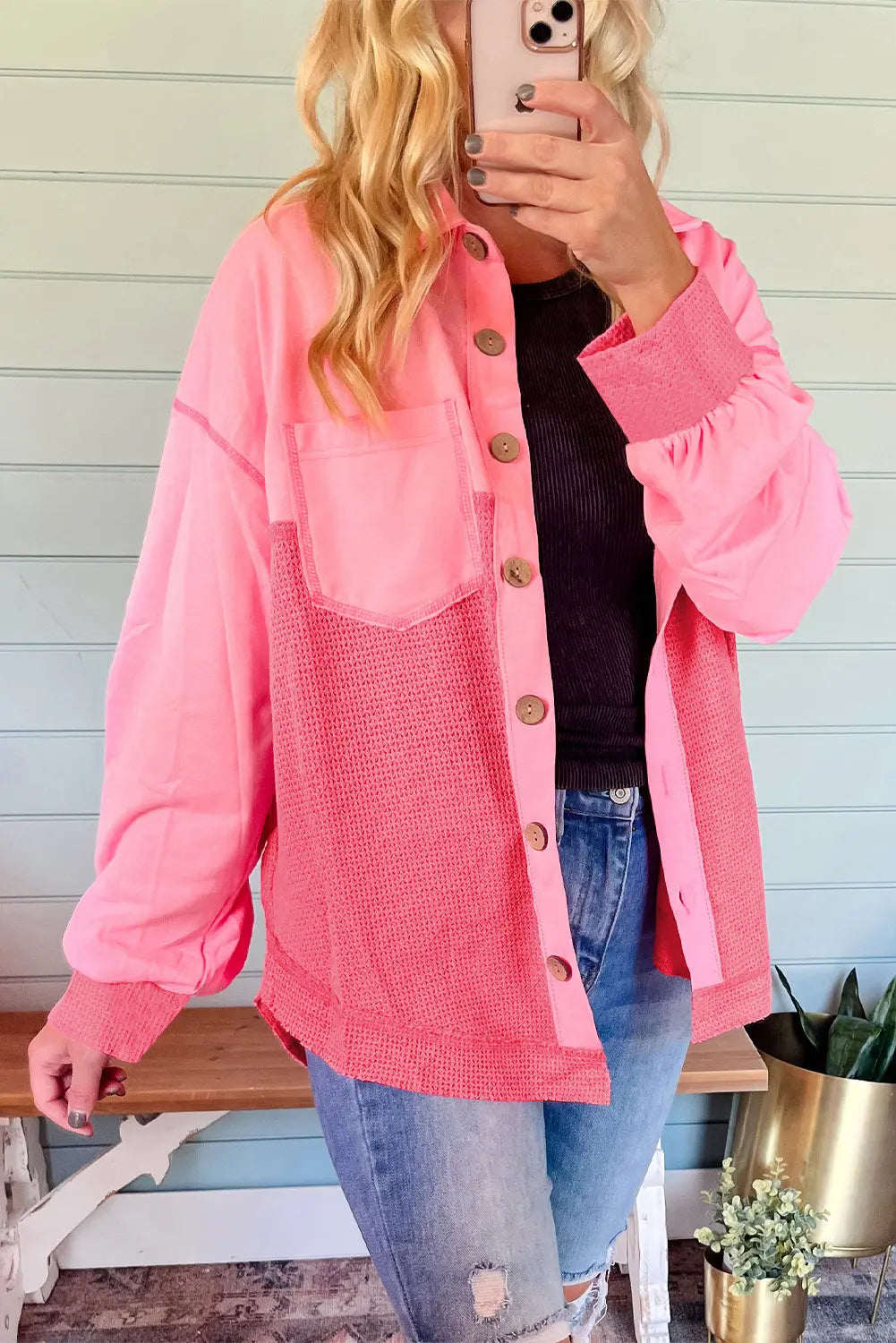 Peach Blossom Two Tone Contrast Waffle Knit Buttoned Loose Shacket Dear-Lover Dropshipping
