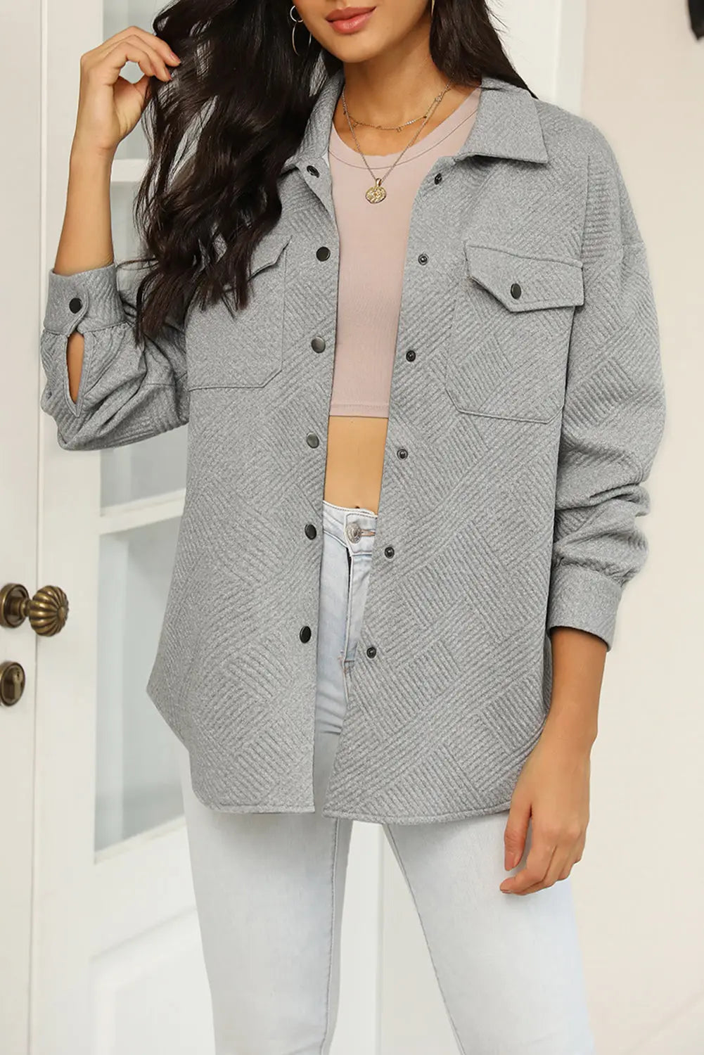 Gray Solid Textured Flap Pocket Buttoned Shacket Dear-Lover Dropshipping